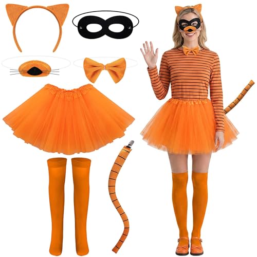 codree 7 Pcs Orange Cat Costume Accessories Set Halloween Orange Cats Cosplay Outfits Cats Ear Headband Nose Tail Bowtie Black Mask Tutu Skirt Socks Set for Halloween Book Day Role Play