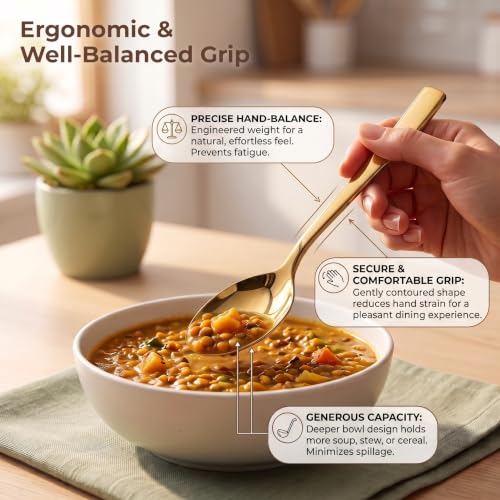 Image of Montavo by FnS 12 Pieces Stainless Steel Golden Dinner Spoon Set | Premium Mirror Finish | Rust Resistant, Dishwasher Safe | Luxury 16cm PVD Gold Table Spoons for Home, Kitchen, Restaurant & Gifting
