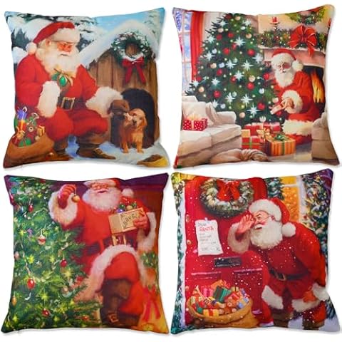 Set of 4 Red Linen Christmas Cushion Covers Cover