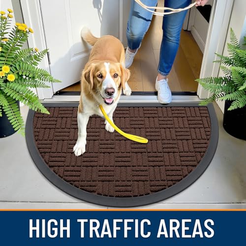 Image of OLANLY Half Circle Door Mat Outside Entrance 29.5x17, Absorbent, Heavy Duty Sturdy Natural Rubber Doormat Indoor Outdoor, Fade Resistant, Non-Slip Backing Low Profile Floor Mat for Entryway, Brown