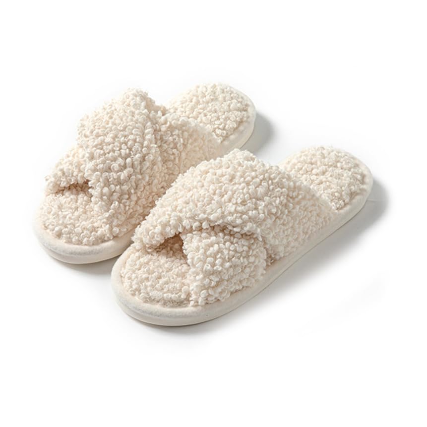 Fuzzy House Slippers for Women Memory Foam Cross-strap Slip-on Open Toe Furry Bedroom Indoor Oudoor Slides Slipper Shoes