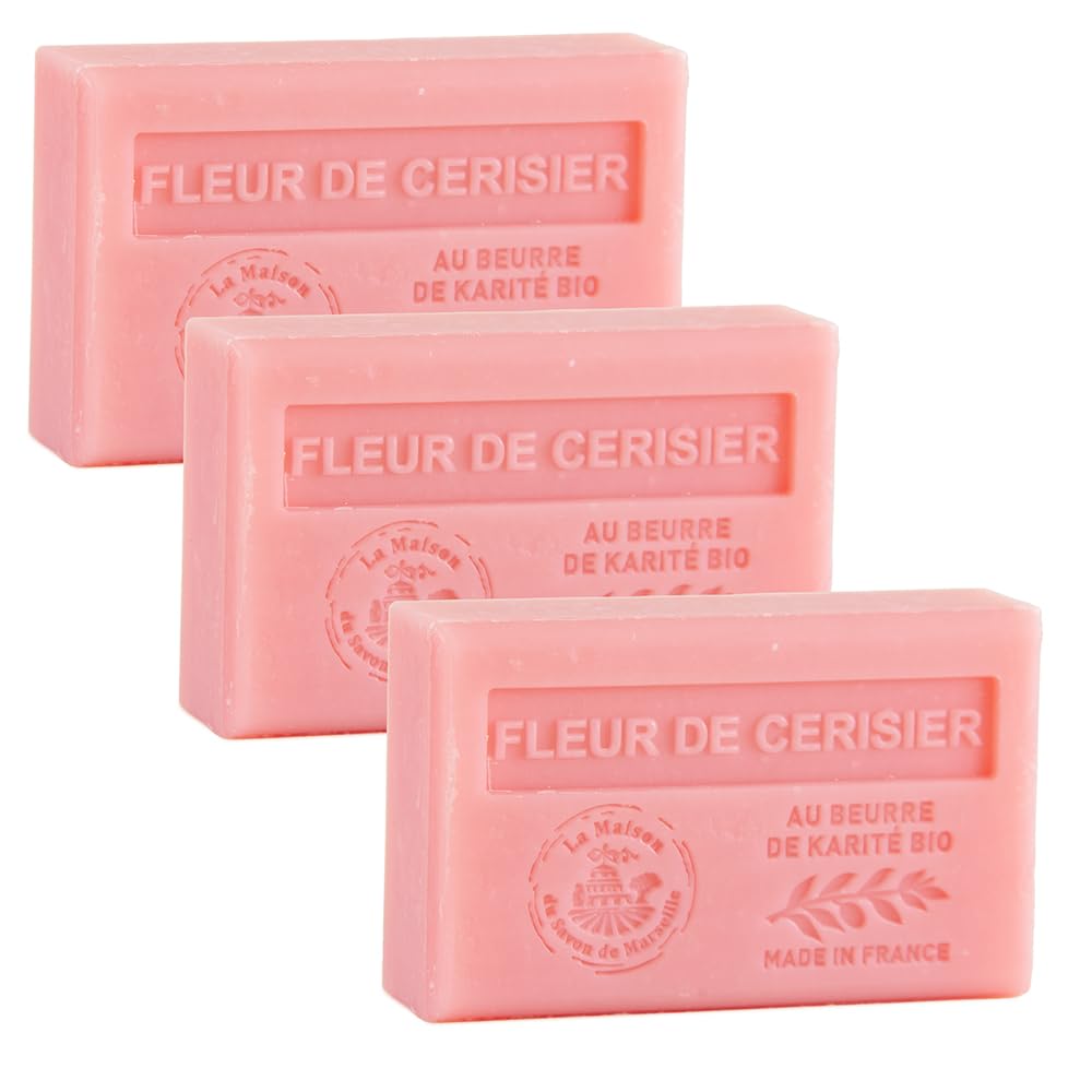 La Maison Du Savon Maison Du Savon De Marseille - French Soap Made With Organic Shea Butter - Moisturising For Soft Skin - Cherry Blossom Fragrance - 125 Gram Bars - Set Of 3