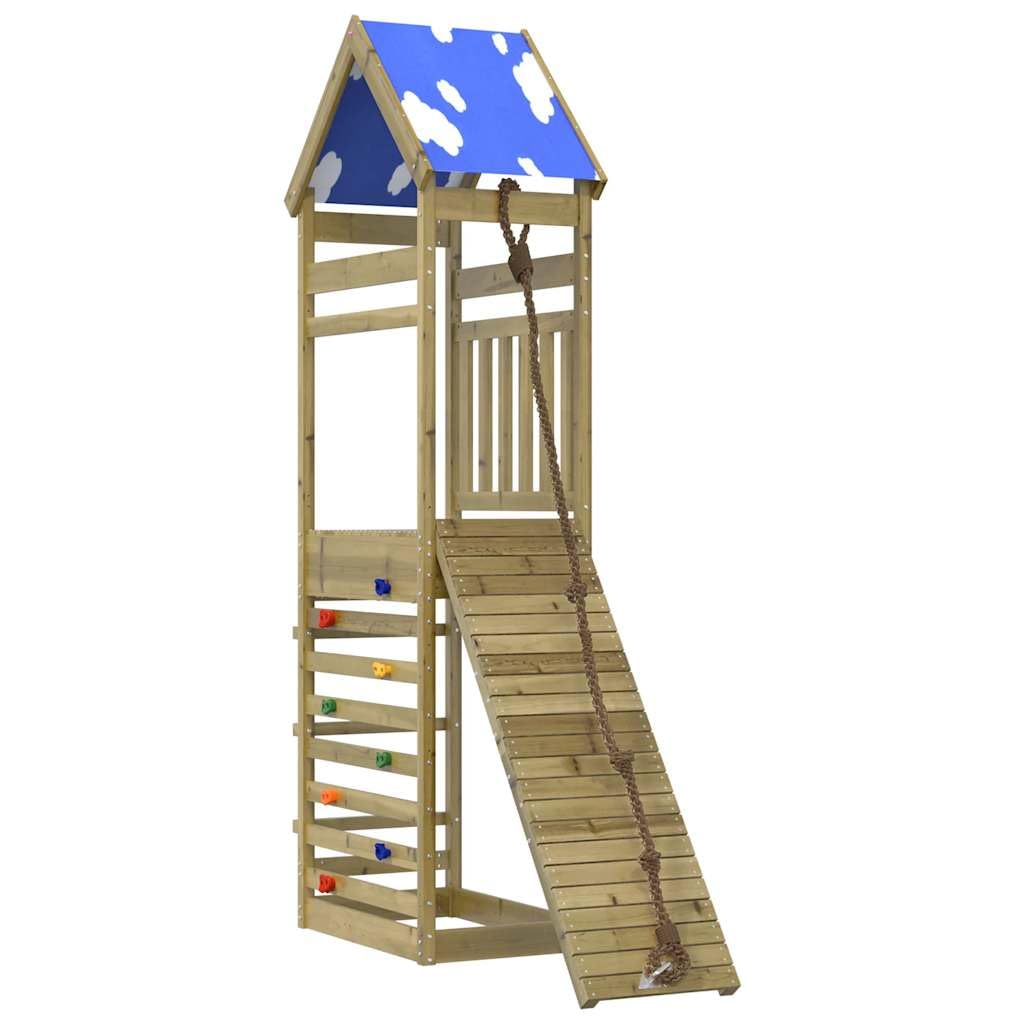 Torre da gioco in legno di pino impregnato con rampa da arrampicata, parete