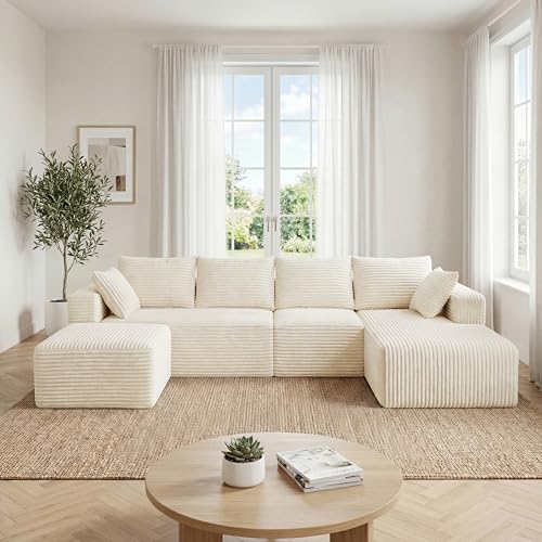 Image of 118 inch U-Shaped Modular Sectional Sofa, Soft Corduroy Cloud Couch with Chaise & Ottoman, Comfy Boneless Couches for Living Room,No-Assembly,Beige (Right Facing Chaise)