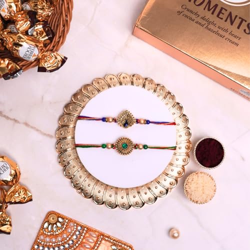 Image of Gifticon Rakhi for Brother with Chocolate Combo Gift Set - Designer Rakhi for Brother Bhaiya with Ferrero Moments Chocolates Pack - Rakhi Set of 2 | IB-2R-Mom-MoreGreenPendal