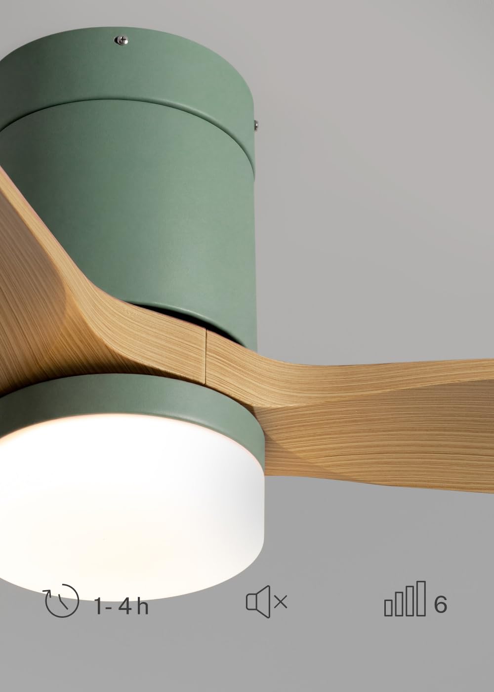 CREATE / WINDCALM S/Ventilador de techo ABS con luz verde sage efecto aspas madera clara con Wifi y mando / 40W, Silencioso, Ø112 cm, 3 temperaturas de luz, temporizador, función verano-invierno