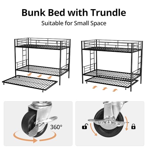 TURRIDU Bunk Bed Twin Over Twin with Trundle, Metal Triple Bunk Beds with 2 Side Ladders, Heavy Duty Bed Frame for Girls Boys Teens Adults, Can be Divided Into 3 Beds, No Box Spring Needed, Black