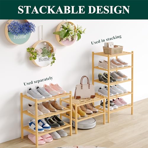 Image of Smiry Bamboo Shoe Rack, 5 Horizontal Slats, 3 Tier - 17.3 inch Wide, Natural