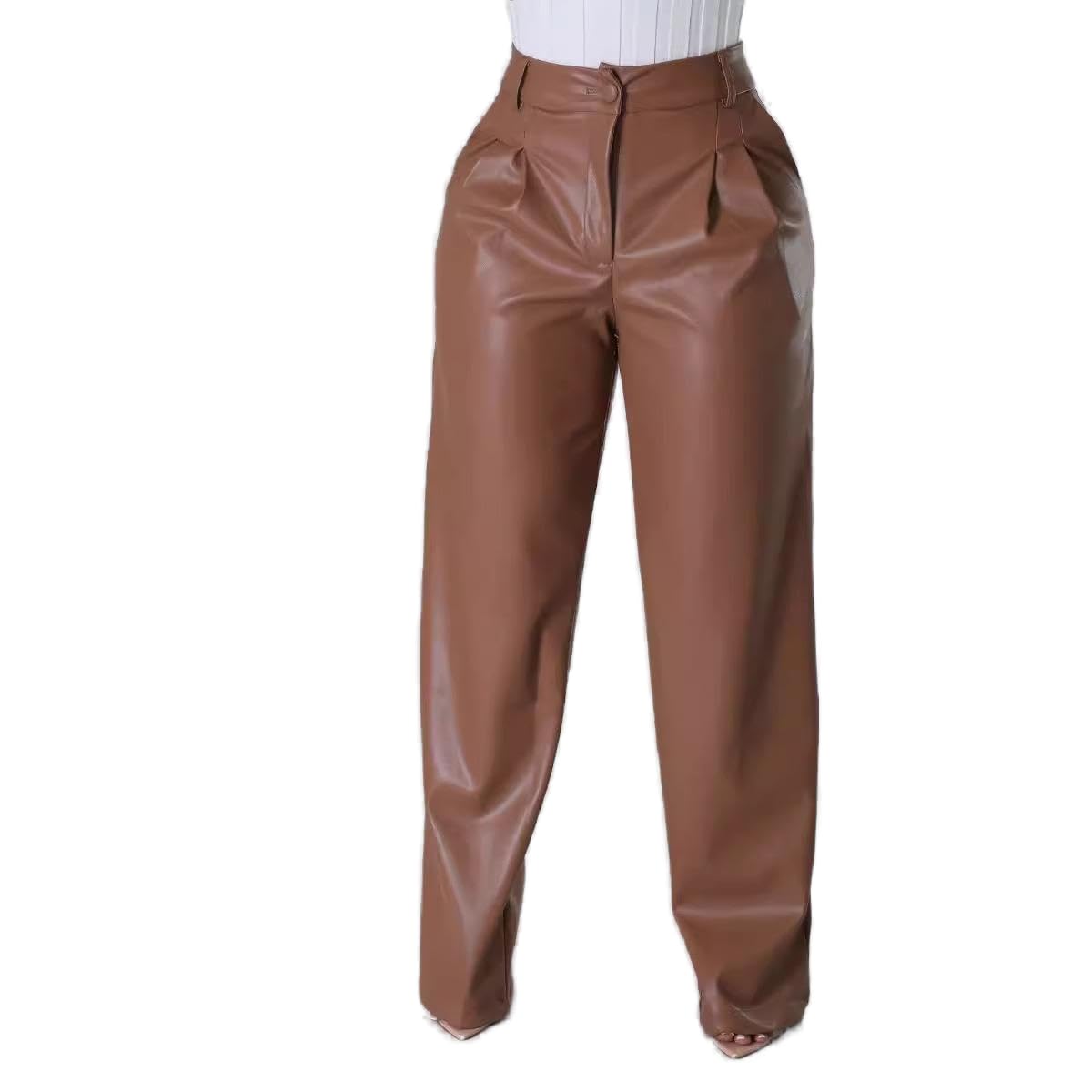 Women Cinched Waisted Leather Pants Stretchy Baggy High Waisted Straight Wide Leg Pants with Pockets