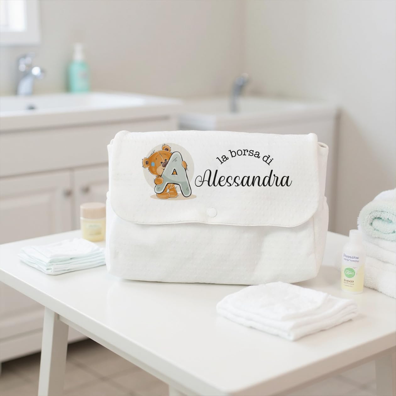Generico Borsa Fasciatoio per Neonato Personalizzato con Nome e Orsacchiotto Regalo Festa Mamma Natale Nascita Cambio Pannolini