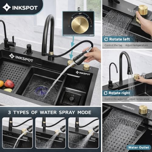 Image of 304 Grade Multifunction Kitchen Sink 30'' x 18'' x 10'' with Integrated Waterfall & Pull-down Faucet Set-Stainle (30X18X9 INCH)