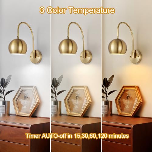 Image of MWZ Gold Battery Operated Wall Sconces Set of 2,Rechargeable Sconces Wall Lights Wireless Swing Arm Modern Light Fixture with Remote,3 Color Dimmable Adjustable Angle Indoor Wall Lamp for Bedroom