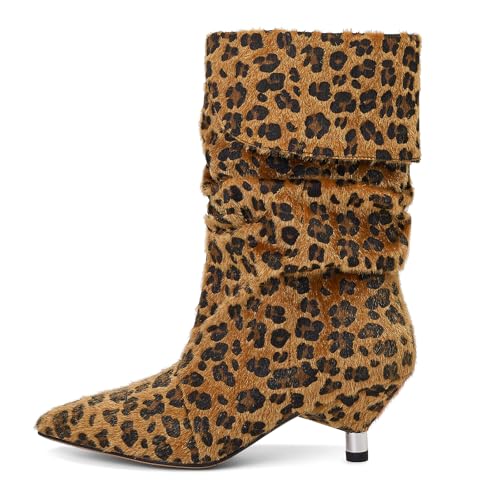Womens Slouchy Mid Calf Boots for Women Kitten Heel with Pointed Toe Pull On Boots Fall Booties