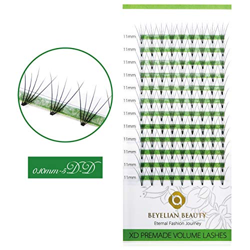 BEYELIAN Premade Fans Eyelash Extensions Volume Sets Professional Use False Eyelashes D Curl 0.10mm 5D Root Glue Bonded Knot-free Natural Looking Soft Lightweight Easy to Apply (11mm)
