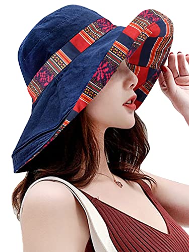 Image of HH HOFNEN Women Sun Hats Wide Brim Summer Beach Hat Chin Strap UV Protection Bucket Hat for Travel