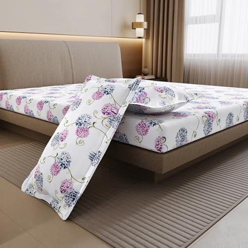 Image of Divine Casa 100% Cotton 144 TC Double Bedsheet with 2 Pillow Covers | Soft Skin Friendly Breathable Bedding Set | Printed Bed Sheet for Bedroom | 222 x 254 cm (Blue Pink, Floral)