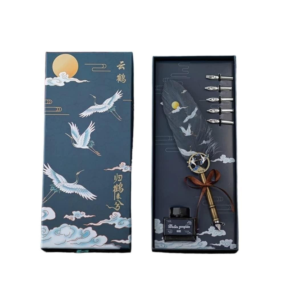 Tintenfeder Feder Kalligraphie Stift Set, Vintage Kranich Chinesischen Stil Kalligraphie Feder Dip-Pen Schreiben Tinte Set Schreibwaren Quill Füllfederhalter Kreative Souvenirs