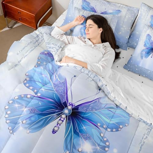 Image of Feelyou Butterfly Full Comforter Set with Sheets for Kids Boys Girls Dreamy Princess 7 Pieces Bedding Set Glitter Bed in a Bag Watercolor Butterflies Room Decor Soft Lightweight Microfiber