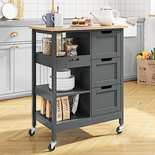 Image of YITAHOME Small Solid Wood Top Kitchen Island Cart on Wheels with Storage, Rolling Portable Dining Room Serving Utility Carts Mobile Movable with 3 Drawers Cabinet, Gray