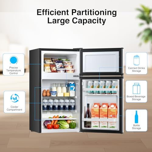 Image of Kismile 2.5 Cu.Ft Mini Fridge with Freezer, Double Door Compact Refrigerator, 3-Level Mechanical Thermostat, Reversible Door&Removable Shelves, Low Noise, Ideal for Office, Apartment, Dorm, Silver