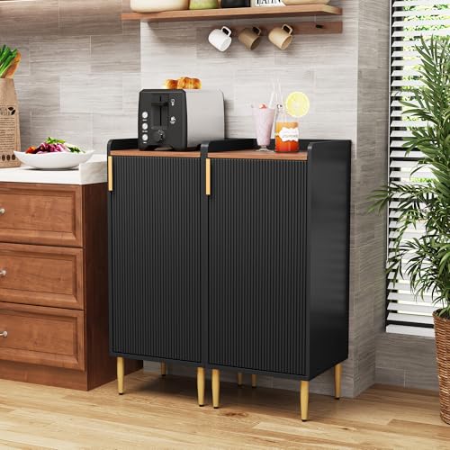 Image of ARTPOWER Mini Bar Cabinet for Apartment, Fluted Wine Bar Cart with Wine Racks & Wine Glass Holder, Modern Corner Liquor Cabinet for Living Room, Dining Room, Kitchen(Black)-2PCS