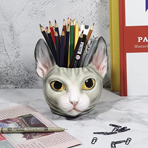 Cute Gray Sphynx Hairless Cat Desk Pen Pencil Holder Pen Cup Makeup Brush Holder Dressing Table Office Desk Organizer Storage Box Plant Pot
