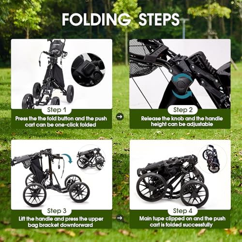 Image of Golf Push Cart 4-Wheels,Folding Golf Cart, Golf Pull cart with Cup Holder,Umbrella Holder,Cooler Bag, Foldable with one-Click,Handle Height Adjustable,Drink Holder,Walking Push cart