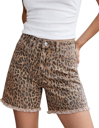 luvamia Jean Shorts for Women Trendy High Rise Mid Thigh Cheetah Leopard Print Raw Hem Stretch Denim Casual Summer Jorts Bleached Caramel Cheetah Size Small Fits US 4-6