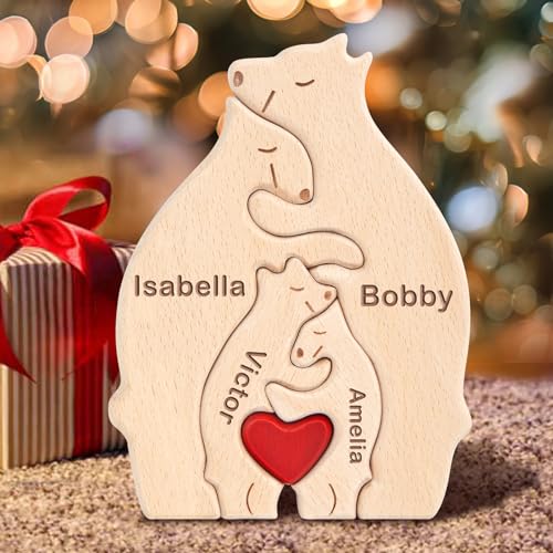 Personalisiertes Holzpuzzle Bärenfamilie | Individueller Name Familienpuzzle Geschenk