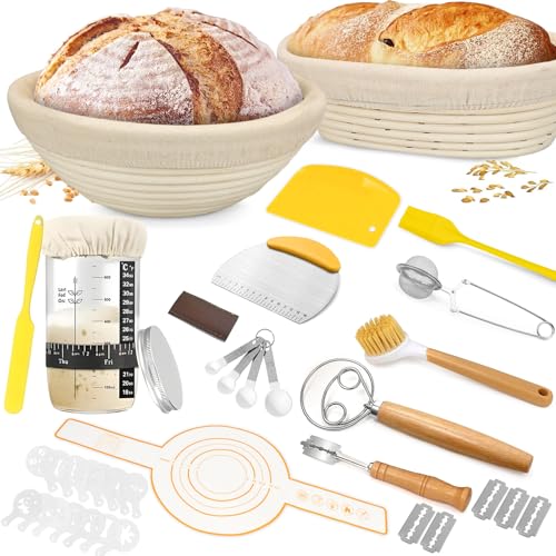 Sourdough Starter Set- Complete Sour Dough Starter Kit With Jar 9 Inch Round & 10 Inch Oval Sourdough Proving Baske 18 PCS Bread Making Accessories Baking Gifts for Professionals and Home Bakers (A)