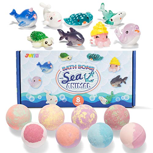JOYIN Bath Bombs for Kids with Sea Animal Toys, 8 Pack Bubble Bath Bombs with Surprise Toy Inside, Natural Essential Oil SPA Bath Fizzies Set