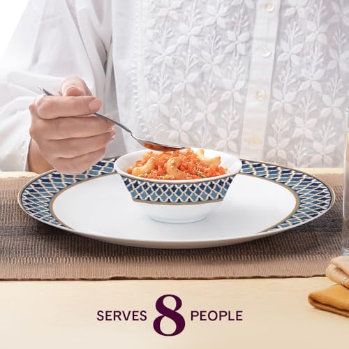 Image of Larah by Borosil Opalware Dinner Set Microwave & Dishwasher Safe | Bone-Ash Free | Crockery Set for Dining & Gifting | Plates & Bowls (Sapphire Crest, 60pc)