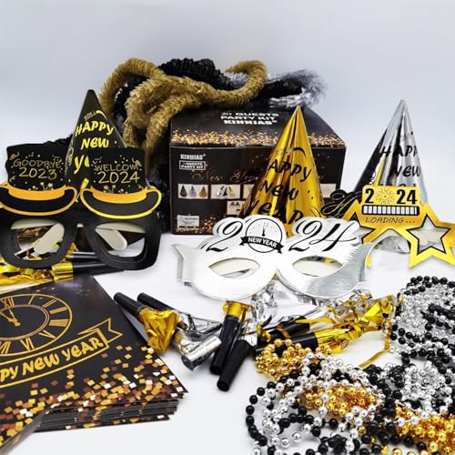 KINNJAS New Years Eve Party Supplies 2024 for 12, New Years Eve Party Decorations, 6 Hat, 6 Glasses, 12 blowouts, 6 Table Centerpiece, 2 Foil Fringe Curtains, 18 Play Balloons