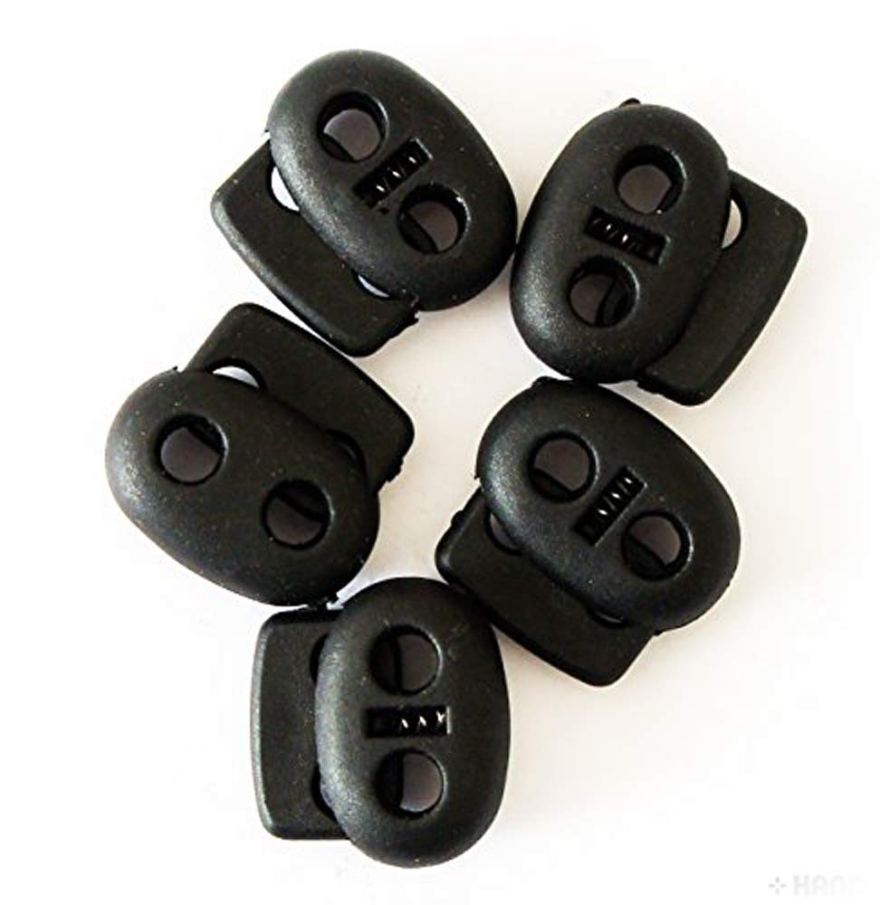 HAND ® Black Plastic Toggle Spring Stop Double Hole String Cord Locks - Assorted Size (TB02 Large - Pack of 5)