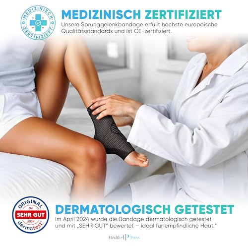 Health Press Sprunggelenkbandage – Professionelle Stützstrümpfe – Entlastung & Stabilisierung des Sprunggelenks – 2x Fußbandage, Gr. M – Medizinprodukt – Stützende Knöchelbandage – Kompressionssocken