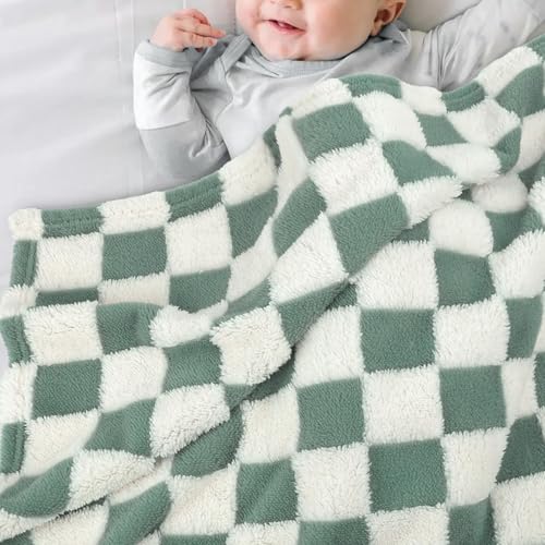 Image of HOMRITAR Checkered Baby Blanket for Boys Sage Green Soft Fluffy Fuzzy Blankets with 3D Chessboard Grid, Warmer Comfort Reversible Lightweight Bed Blanket for Toddlers Infant or Newborn 30 x 40 Inch