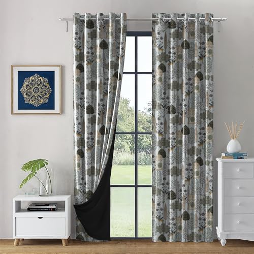 Image of LINENWALAS Pichwai Printed 100% Blackout Curtains for 7 Feet Door Set of 2 Panels, Thermal Insulated, Noise Reducing Luxury Drapes, Heritage Art Inspired Premium Curtains for Living Room (White)