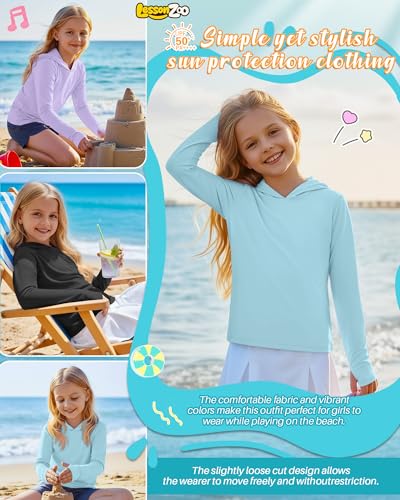 Image of 3 Pack Girls Sun Protection Swim Shirts UPF 50+ Long Sleeve Rash Guard Lightweight Quick Dry Hoodies with Thumbhole