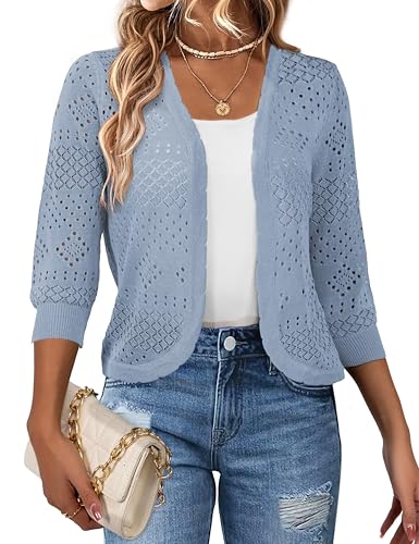 Image of REDHOTYPE Women's 3 /4 Sleeve Cardigan Open Front Cropped Shrugs Summer Hollowed Lightweight Cardigans Sweater (S-XL)