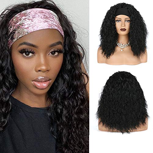 Kinky Curly Headband Wig for Black Women,Long Natural Black Wave Curly Wigs with Headband Attached Deep Wave Wig Easy to Wear Machine Made Head Wrap Wig for Black Women Headband Wig Curly (20 Inch)