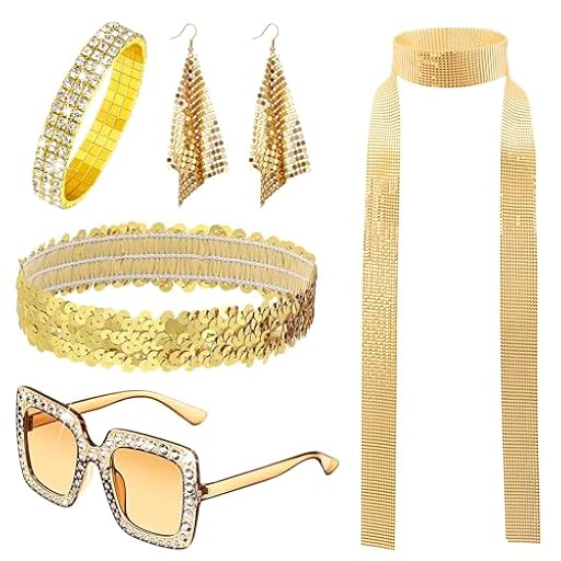 Kuvarix Accesorios de discoteca de los años 70 y 80, 5 unidades con purpurina, accesorios para mujer, con pendientes, bufanda, pulsera, diadema y gafas para carnaval, discoteca, fiesta retro, festival | Ya disponible en tu tienda friki favorita! En mundofriki.es!