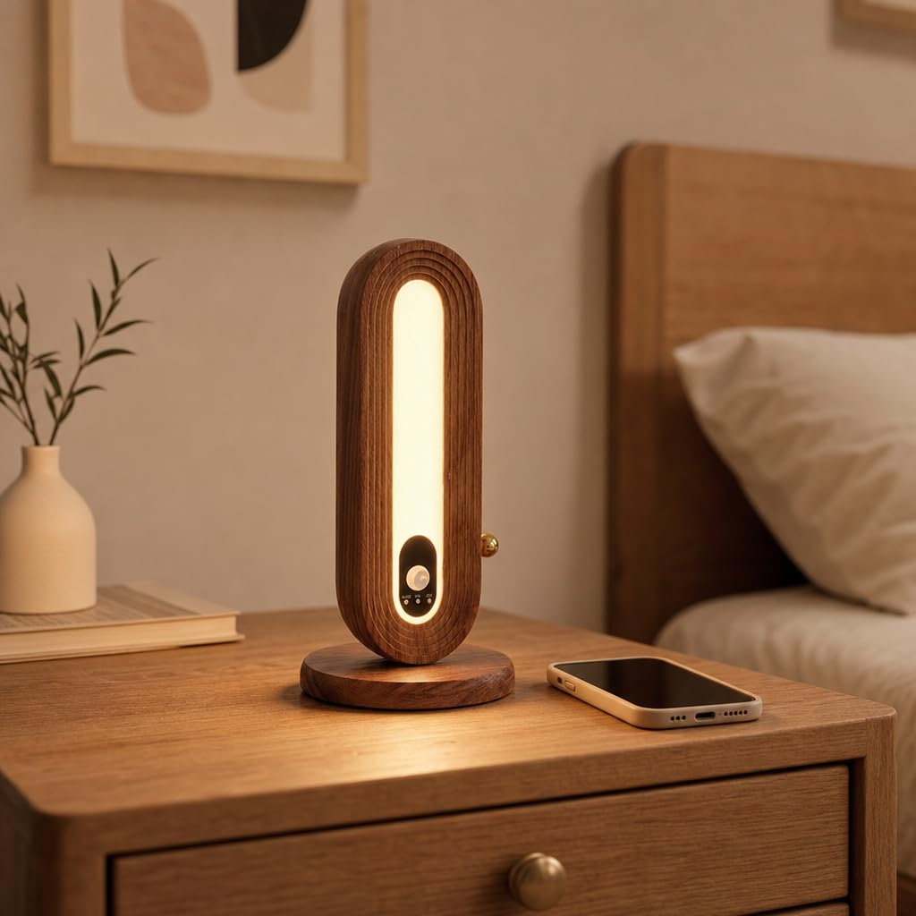 LED Tischlampe mit Bewegungsmelder Holz Akku Tischleuchte Kabellos 3000K Warmweiß Dimmer Nachtlicht Ohne Otromanschluss Wandleuchte Magnetisch Sensorlampe Batteriebetrieben mit Schalter