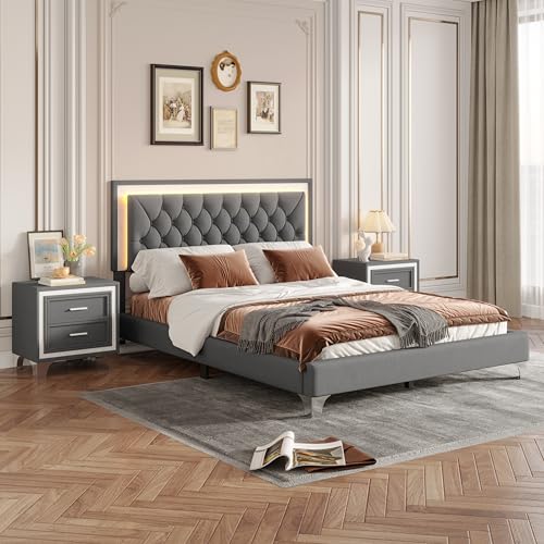 Harper & Bright Designs 3 Pieces Bedroom Sets, Queen Size Upholstered Platform Bed Frame with 2 Nightstands, Headboard and LED Lights, Farmhouse Bedroom Furniture Sets (Gray)