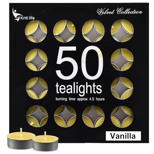 Image of Kriti Life Vanilla Scented Tealight Candles - 100% Paraffin Wax, Smokeless, Long Burn Time (4.5 Hours), Dripless Yellow Candles for Home Decor, Diwali, Weddings & Meditation - Set of 50