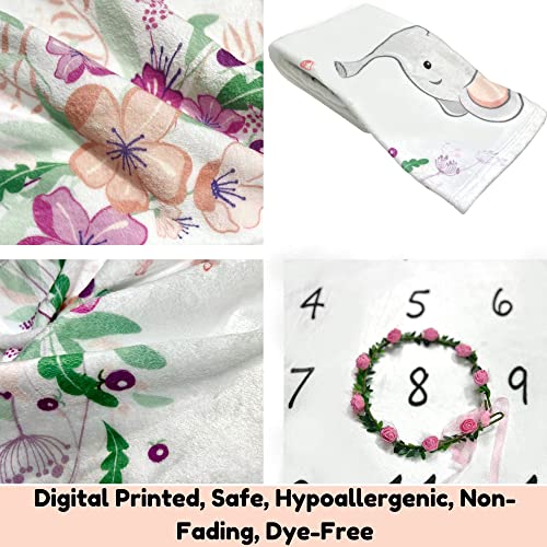 Kemina Blankets Baby Monthly Milestone Blanket For Baby Girl, Elephant Month Blanket For Girl, Floral Wreath, Headband And Personalized Board Included, Girl Nursery Decor Baby Milestone Blanket, 50X40 #TOP4