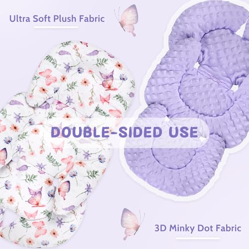 Image of Pea Pod Infant Car Seat Insert with Strap Covers, All in One Reversible Baby Car Seat Head Support for Newborn, 3D Soft Minky Carseat Cushion for Preemie to Infant, Stroller, Swing, Bouncer, Butterfly