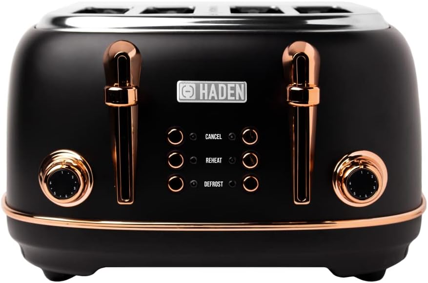 Haden Heritage Black Toaster 4 Slice – Adjustable Browning Control, Reheat and Defrost Functions 4 Slice Toaster – Stainless Steel Toaster 4 Slice – Self-centring Function – 1370-1630W