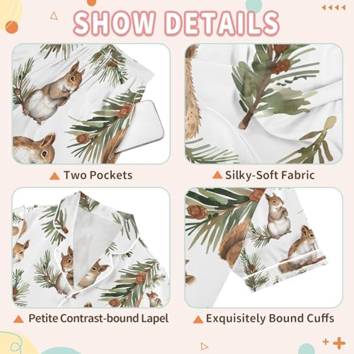 senya Squirrels on Nut Branches Satin Summer Pajama Sets Silk Short Sleeve Button Down Sleepwear3