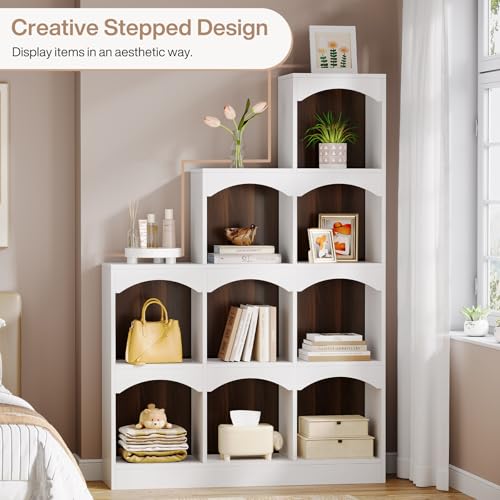Image of Tribesigns 9 Cubes Bookshelf, Modern 9-Cube Stepped Etagere Bookcase, L-Shaped Ladder Corner Open Bookshelf, Wood Storage Display Shelf for Living Room Home Office, White