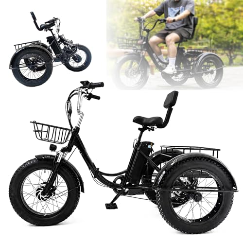 Triciclo Eléctrico De 20 Pulgadas Con Asistencia Al Pedaleo-Plegable,Neumáticos Anchos,Con Cesta De Carga Delantera Y Trasera,Pantalla Digital Lcd,Triciclo Eléctrico Para Adultos,Carga Máxima:200 Kg.